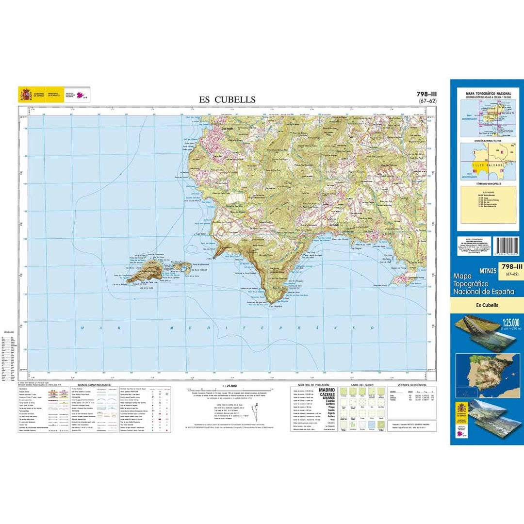 Carte topographique de l'Espagne - Es Cubells (Ibiza), n° 0798.3 | CNIG - 1/25 000 carte pliée CNIG 