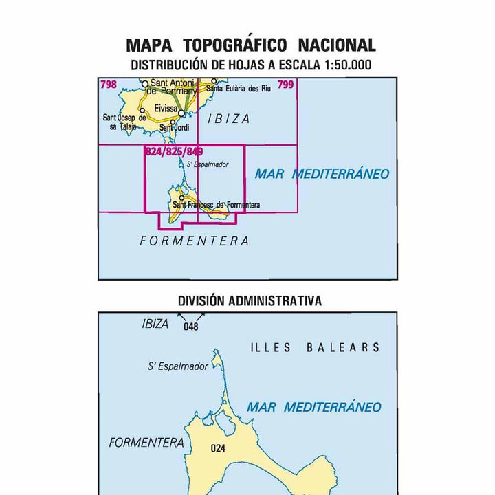 Carte topographique de l'Espagne - Formentera (Formentera), n° 0824/825/849 | CNIG - 1/50 000 carte pliée CNIG 