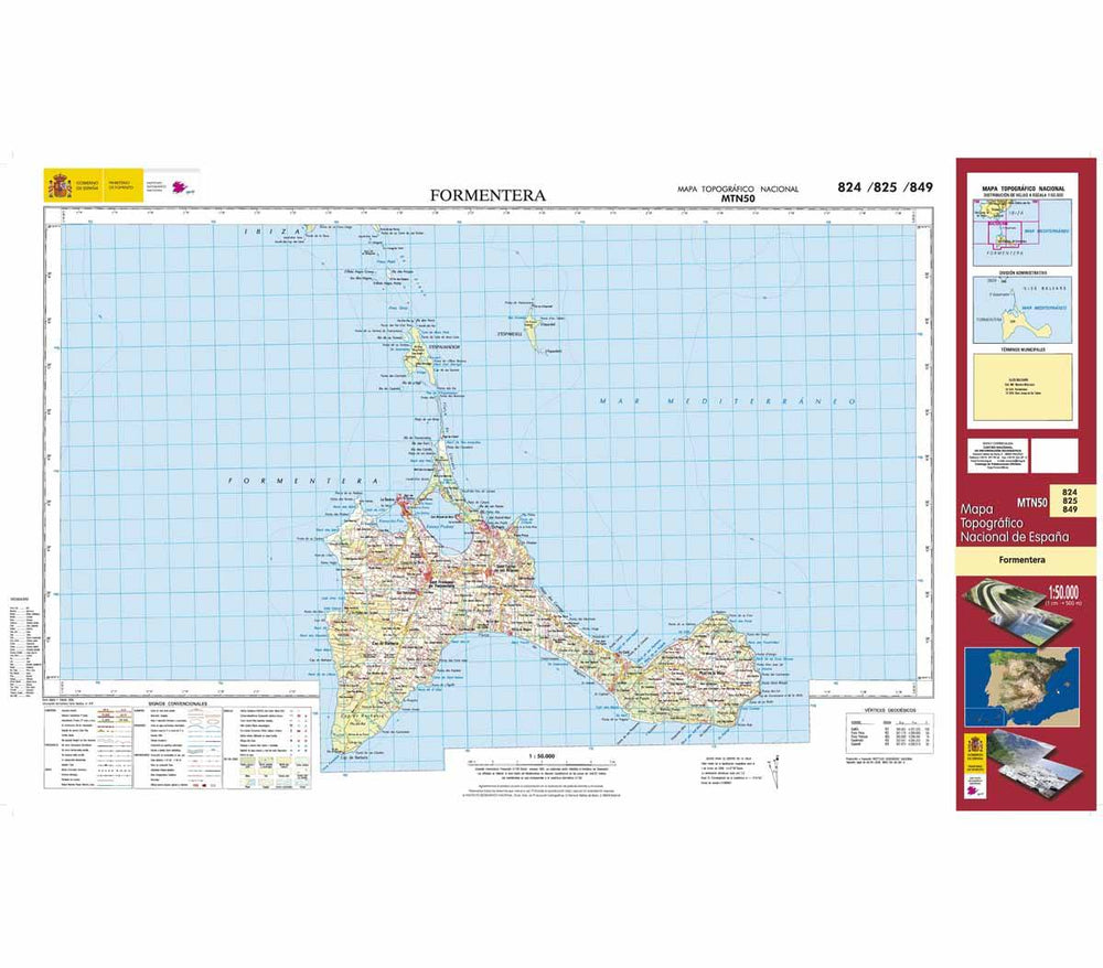 Carte topographique de l'Espagne - Formentera (Formentera), n° 0824/825/849 | CNIG - 1/50 000 carte pliée CNIG 