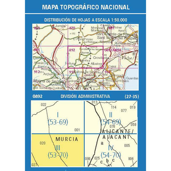 Carte topographique de l'Espagne - Fortuna, n° 0892.3 | CNIG - 1/25 000 carte pliée CNIG 