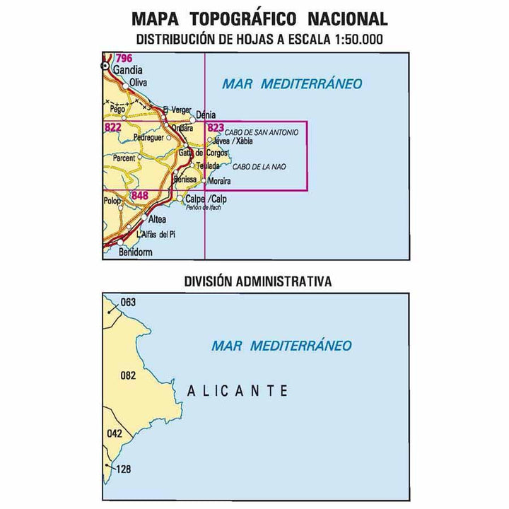 Carte topographique de l'Espagne - Jávea/Xàbia, n° 0823 | CNIG - 1/50 000 carte pliée CNIG 