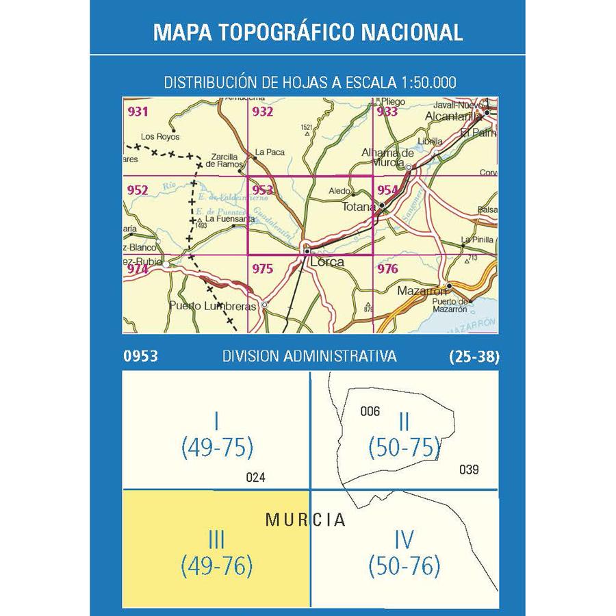 Carte topographique de l'Espagne - Lorca, n° 0953.3 | CNIG - 1/25 000 carte pliée CNIG 