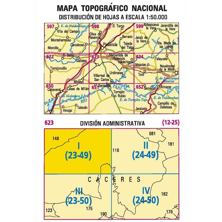 Carte topographique de l'Espagne - Malpartida de plasencia, n° 0623.1 | CNIG - 1/25 000 carte pliée CNIG 