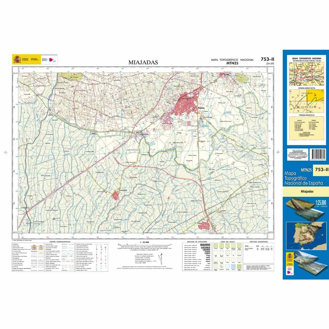 Carte topographique de l'Espagne - Miajadas, n° 0753.2 | CNIG - 1/25 000 carte pliée CNIG 