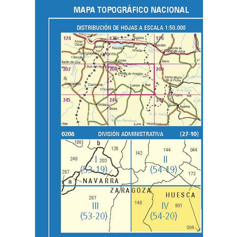 Carte topographique de l'Espagne n° 0208.4 - Biel | CNIG - 1/25 000 carte pliée CNIG 