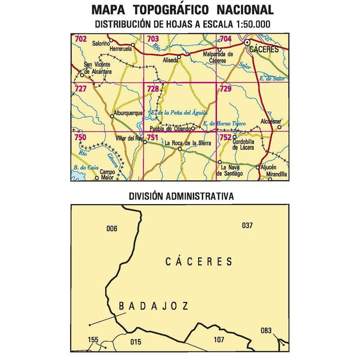 Carte topographique de l'Espagne n° 0728 - Puebla de Obando | CNIG - 1/50 000 carte pliée CNIG 