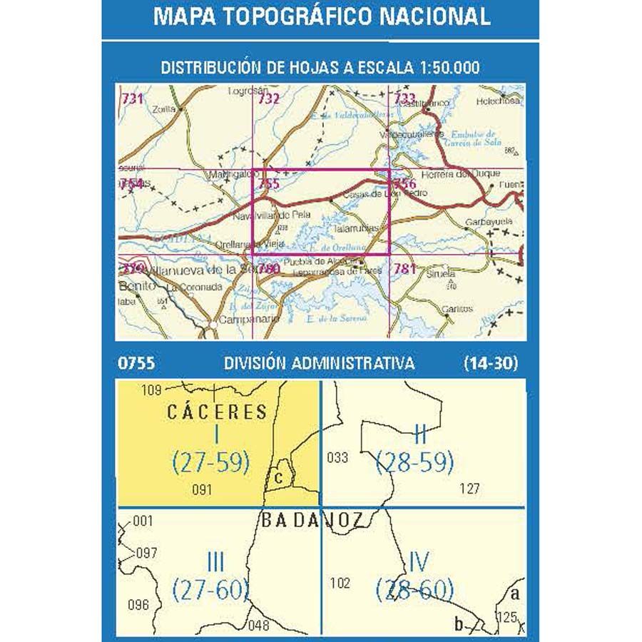 Carte topographique de l'Espagne n° 0755.1 - Navalvillar De Pela | CNIG - 1/25 000 carte pliée CNIG 