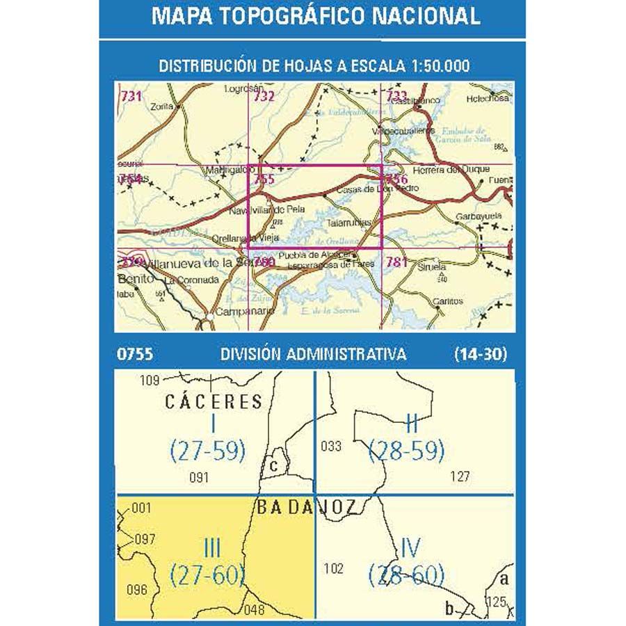 Carte topographique de l'Espagne n° 0755.3 - Orellana De La Sierra | CNIG - 1/25 000 carte pliée CNIG 