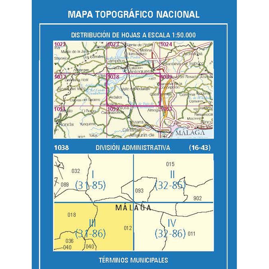 Carte topographique de l'Espagne n° 1038.3 - Ardales | CNIG - 1/25 000 carte pliée CNIG 