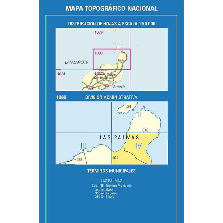 Carte topographique de l'Espagne n° 1080.4 - Haría (Lanzarote) | CNIG - 1/25 000 carte pliée CNIG 