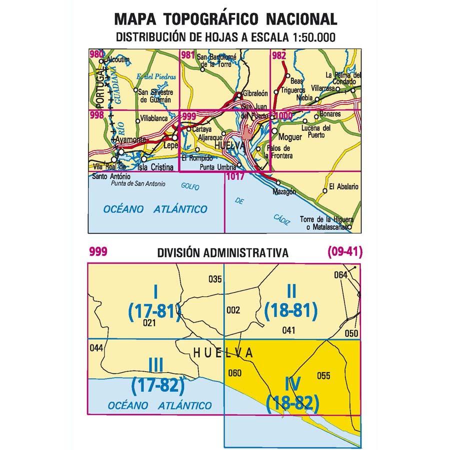 Carte topographique de l'Espagne - Palos de la Frontera, n° 0999.4/1016.2 | CNIG - 1/25 000 carte pliée CNIG 