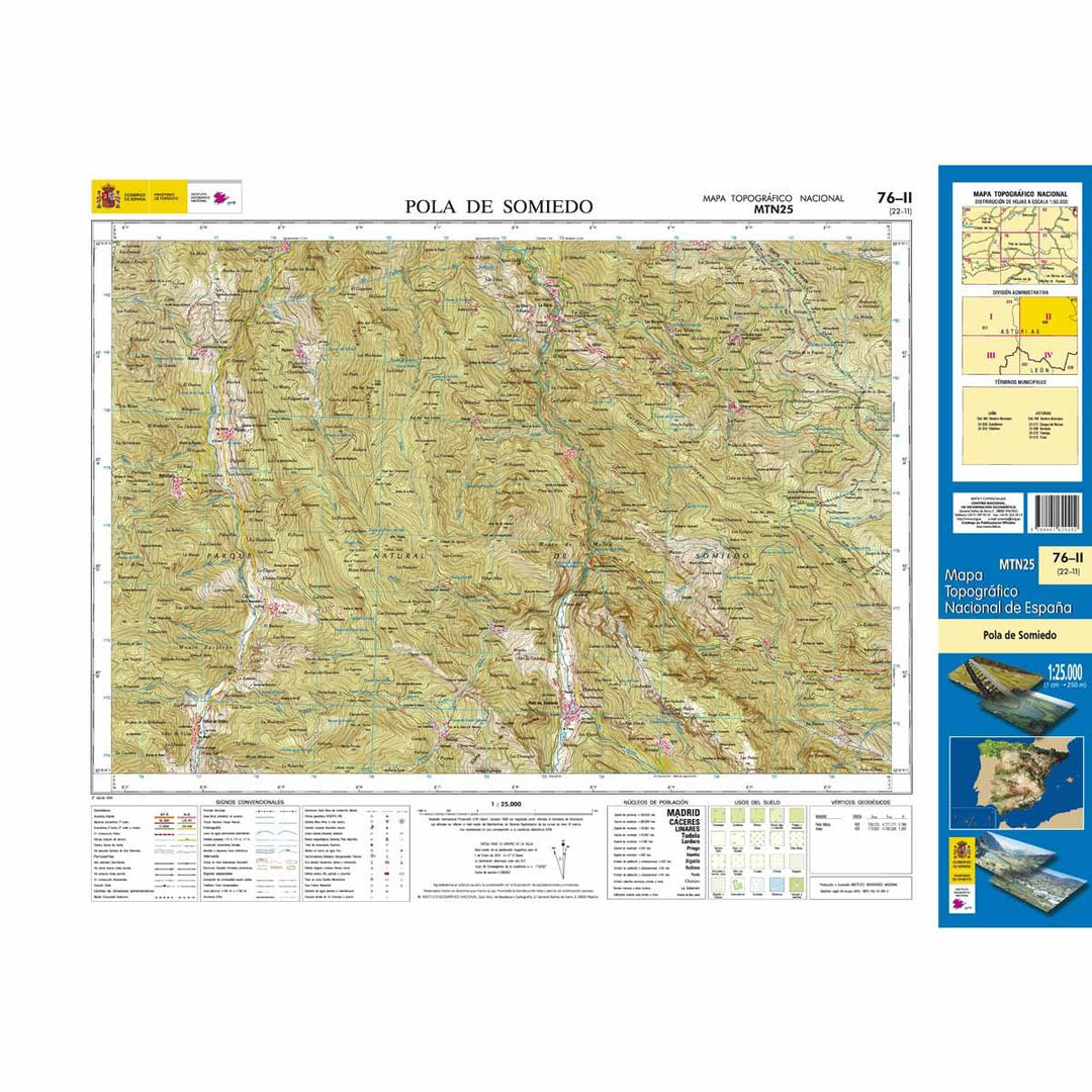 Carte topographique de l'Espagne - Pola de Somiedo, n° 0076.2 | CNIG - 1/25 000 carte pliée CNIG 