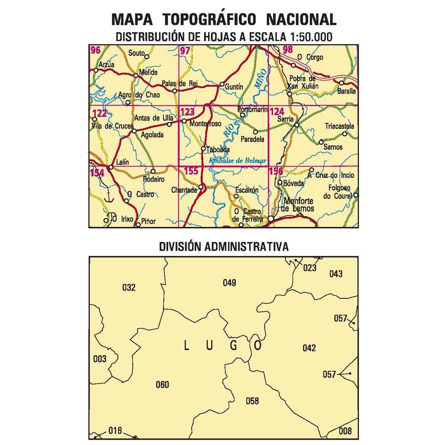 Carte topographique de l'Espagne - Portomarín, n° 0123 | CNIG - 1/50 000 carte pliée CNIG 