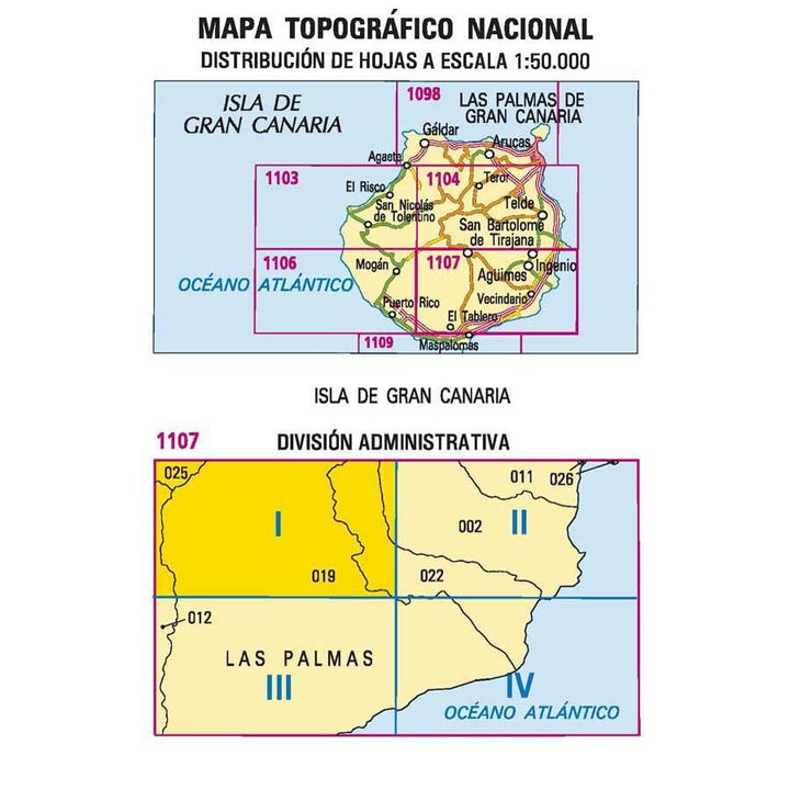 Carte topographique de l'Espagne - San Bartolomé de Tirajana (Gran Canaria), n° 1107.1 | CNIG - 1/25 000 carte pliée CNIG 