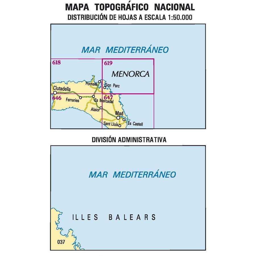 Carte topographique de l'Espagne - Son Parc (Minorque), n° 0619 | CNIG - 1/50 000 carte pliée CNIG 