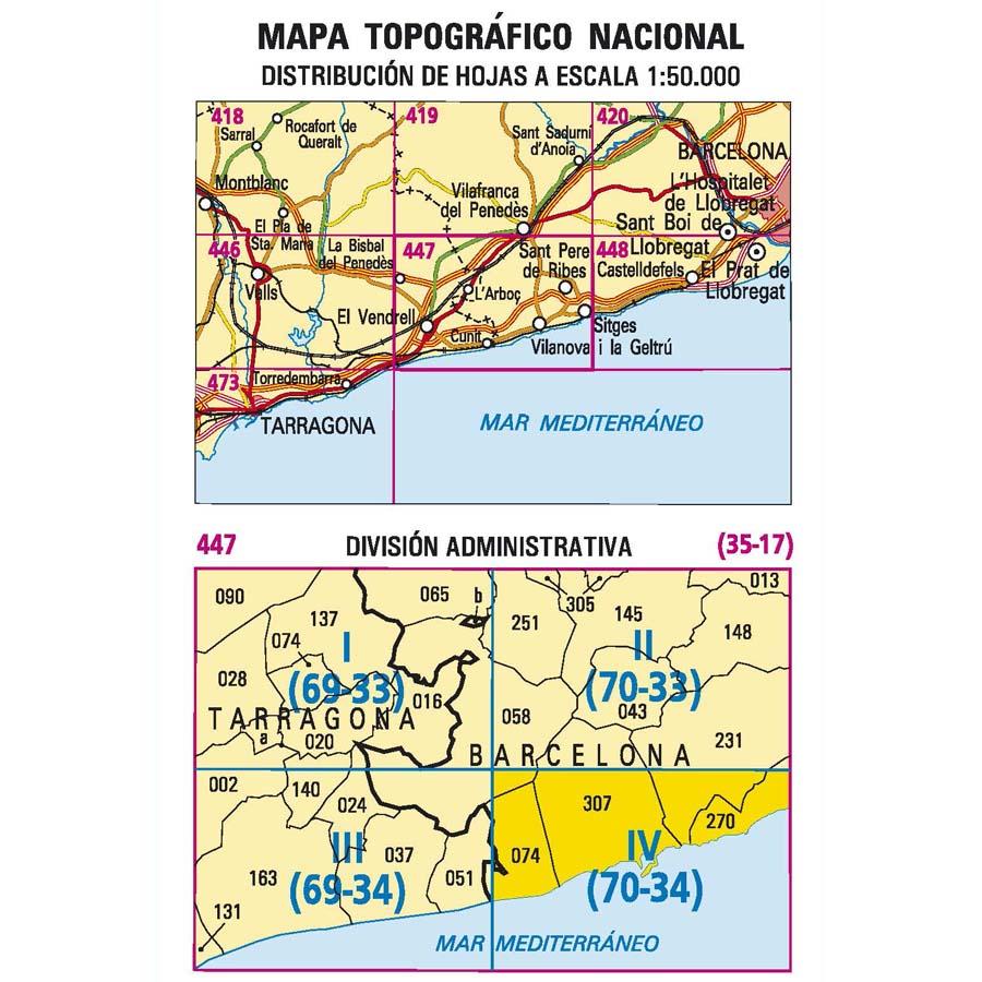 Carte topographique de l'Espagne - Vilanova I La Geltrú, n° 0447.4 | CNIG - 1/25 000 carte pliée CNIG 
