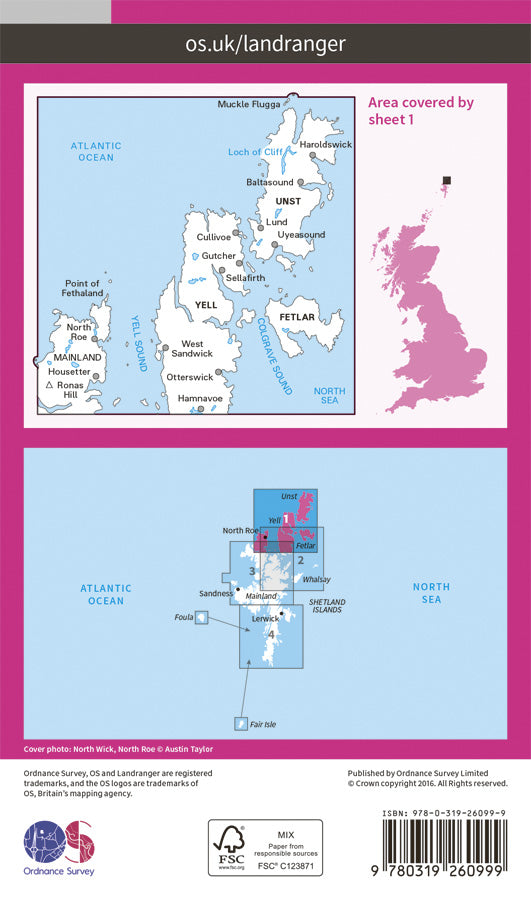 Carte topographique n° 001 - Shetland - Yell, Unst, Fetlar (Grande Bretagne) | Ordnance Survey - Landranger carte pliée Ordnance Survey Papier 