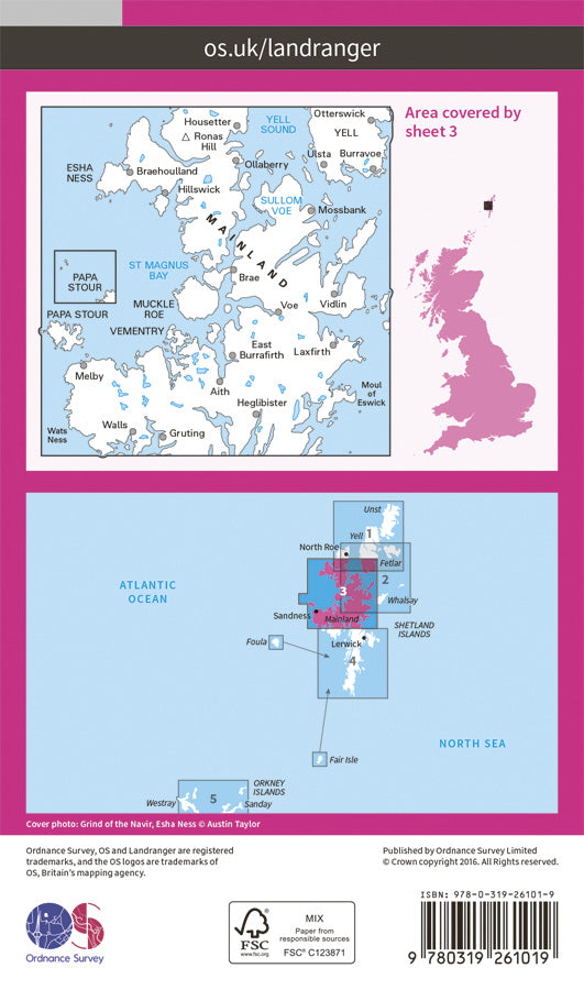 Carte topographique n° 003 - Shetland - North Mainland (Grande Bretagne) | Ordnance Survey - Landranger carte pliée Ordnance Survey Papier 