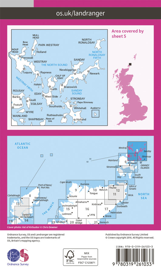 Carte topographique n° 005 - Orkney - Northern Isles (Grande Bretagne) | Ordnance Survey - Landranger carte pliée Ordnance Survey Papier 