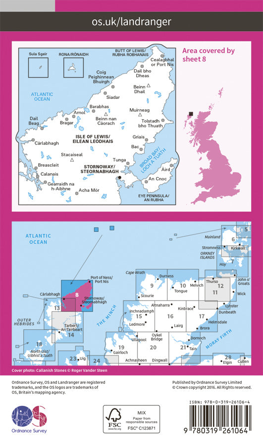 Carte topographique n° 008 - Stornoway, North Lewis (Grande Bretagne) | Ordnance Survey - Landranger carte pliée Ordnance Survey Papier 