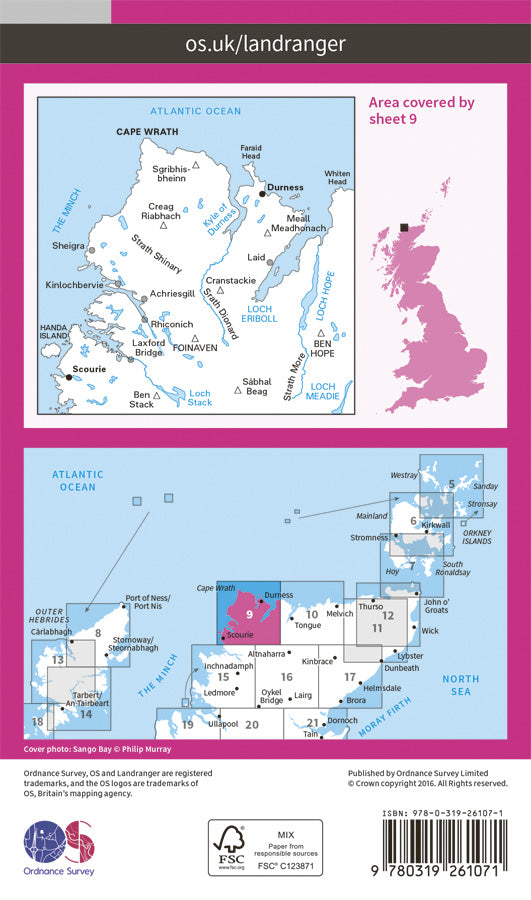 Carte topographique n° 009 - Cape Wrath (Grande Bretagne) | Ordnance Survey - Landranger carte pliée Ordnance Survey Papier 