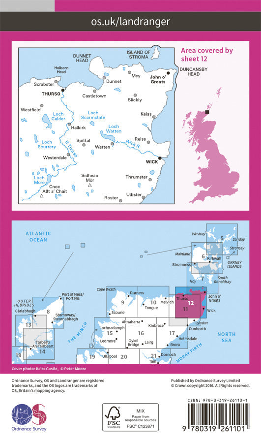 Carte topographique n° 012 - Thurso, Wick (Grande Bretagne) | Ordnance Survey - Landranger carte pliée Ordnance Survey Papier 