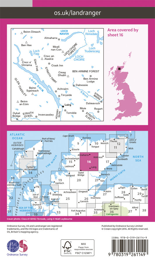 Carte topographique n° 016 - Lairg, Loch Shin (Grande Bretagne) | Ordnance Survey - Landranger carte pliée Ordnance Survey Papier 