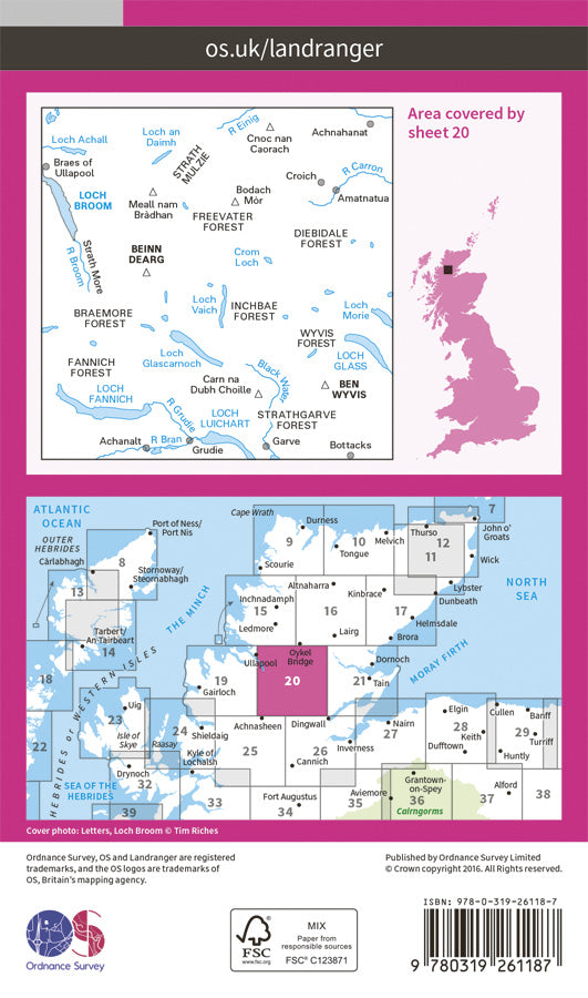 Carte topographique n° 020 - Beinn Dearg, Loch Broom (Ben Wyvis) (Grande Bretagne) | Ordnance Survey - Landranger carte pliée Ordnance Survey Papier 