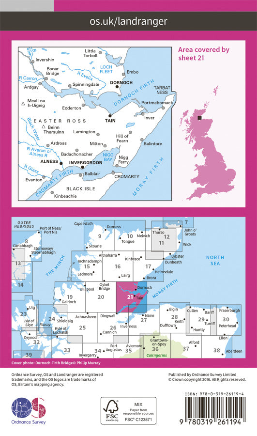 Carte topographique n° 021 - Dornoch, Alness (Grande Bretagne) | Ordnance Survey - Landranger carte pliée Ordnance Survey Papier 