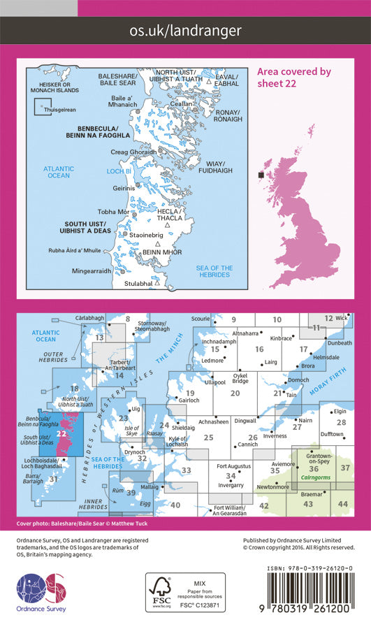 Carte topographique n° 022 - Benbecula, South Uist (Grande Bretagne) | Ordnance Survey - Landranger carte pliée Ordnance Survey Papier 