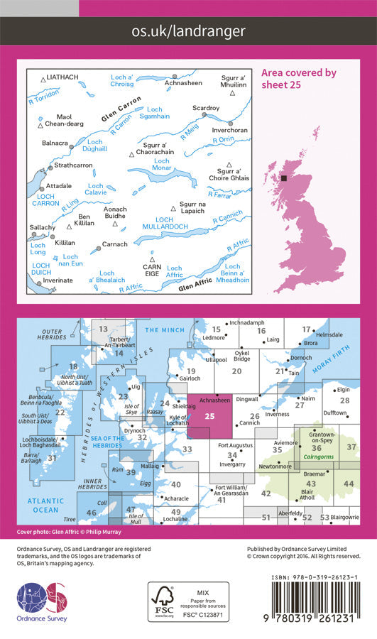 Carte topographique n° 025 - Glen Carron, Glen Affric (Grande Bretagne) | Ordnance Survey - Landranger carte pliée Ordnance Survey Papier 