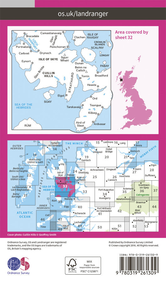 Carte topographique n° 032 - South Skye, Cuillin Hills (Grande Bretagne) | Ordnance Survey - Landranger carte pliée Ordnance Survey Papier 