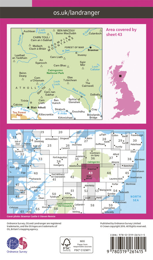 Carte topographique n° 043 - Braemar, Blair Athol (Grande Bretagne) | Ordnance Survey - Landranger carte pliée Ordnance Survey Papier 