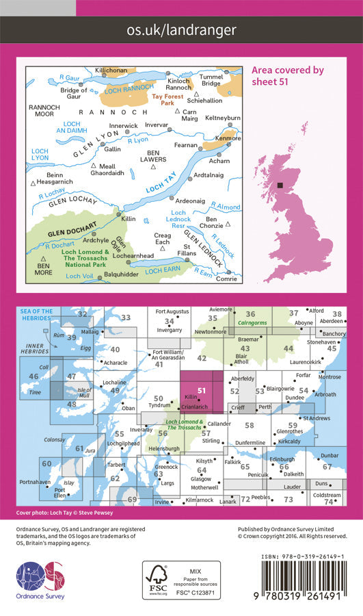 Carte topographique n° 051 - Loch Tay, Glen Dochart (Grande Bretagne) | Ordnance Survey - Landranger carte pliée Ordnance Survey Papier 