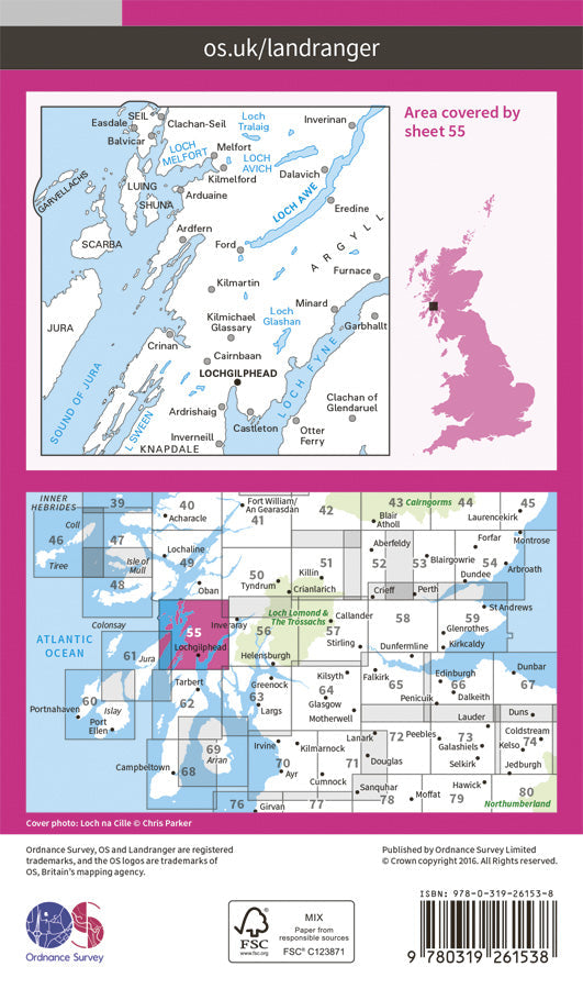 Carte topographique n° 055 - Lochgilphead, Loch Awe (Grande Bretagne) | Ordnance Survey - Landranger carte pliée Ordnance Survey Papier 