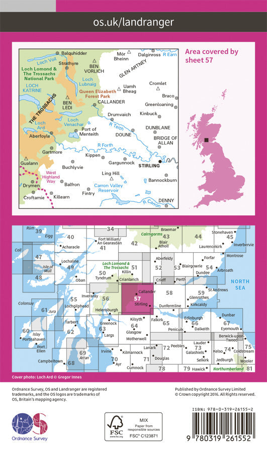 Carte topographique n° 057 - Stirling, The Trossachs (Grande Bretagne) | Ordnance Survey - Landranger carte pliée Ordnance Survey Papier 