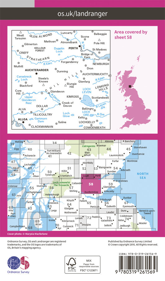 Carte topographique n° 058 - Perth, Alloa (Grande Bretagne) | Ordnance Survey - Landranger carte pliée Ordnance Survey Papier 
