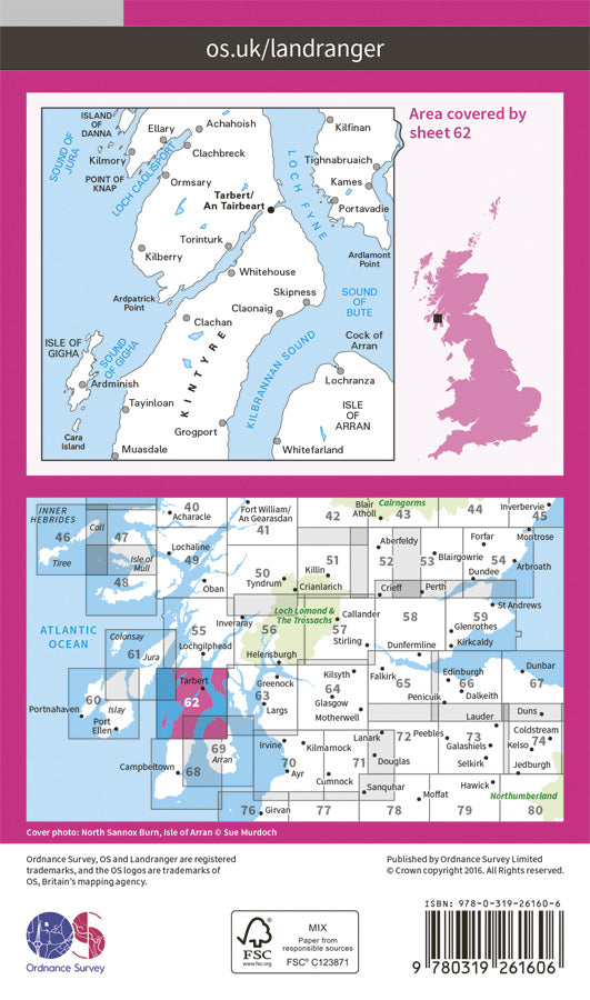 Carte topographique n° 062 - North Kintyre, Tarbert (Grande Bretagne) | Ordnance Survey - Landranger carte pliée Ordnance Survey Papier 