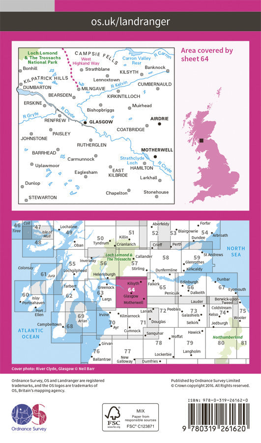 Carte topographique n° 064 - Glasgow (Grande Bretagne) | Ordnance Survey - Landranger carte pliée Ordnance Survey Papier 