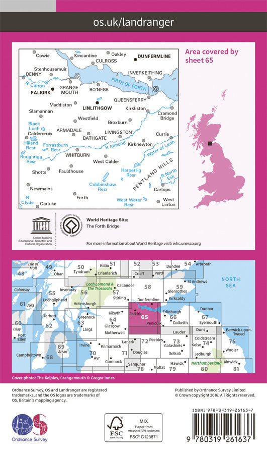 Carte topographique n° 065 - Falkirk, Linlithgow (Grande Bretagne) | Ordnance Survey - Landranger carte pliée Ordnance Survey Papier 