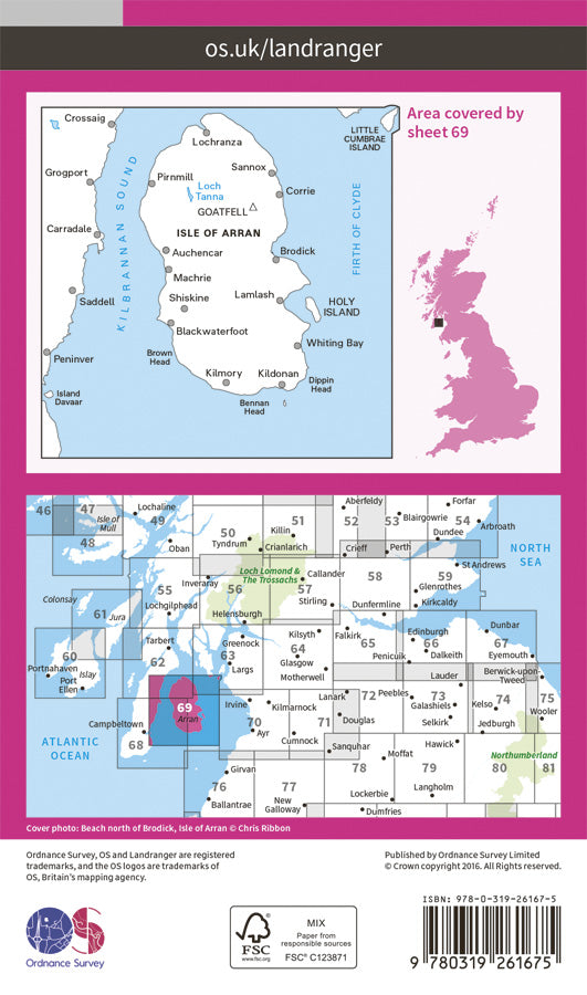 Carte topographique n° 069 - Isle of Arran (Grande Bretagne) | Ordnance Survey - Landranger carte pliée Ordnance Survey Papier 