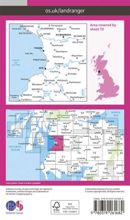 Carte topographique n° 070 - Ayr, Kilmarnock, Troon (Grande Bretagne) | Ordnance Survey - Landranger carte pliée Ordnance Survey Papier 