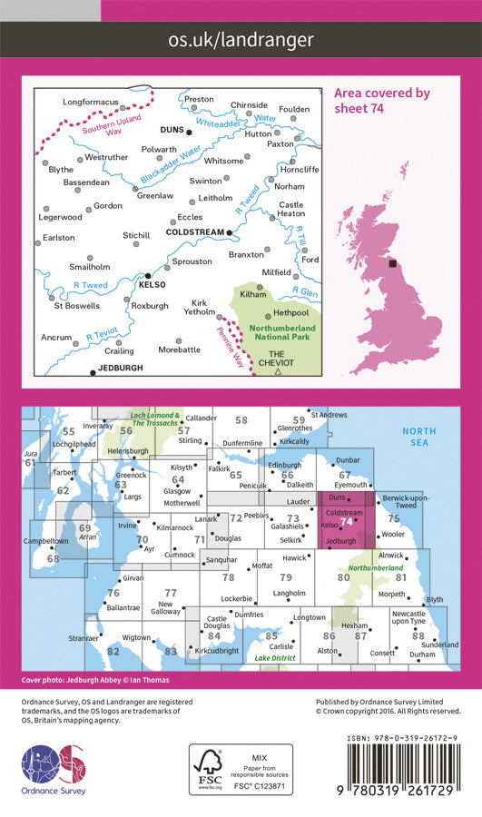 Carte topographique n° 074 - Kelso, Coldstream (Grande Bretagne) | Ordnance Survey - Landranger carte pliée Ordnance Survey Papier 