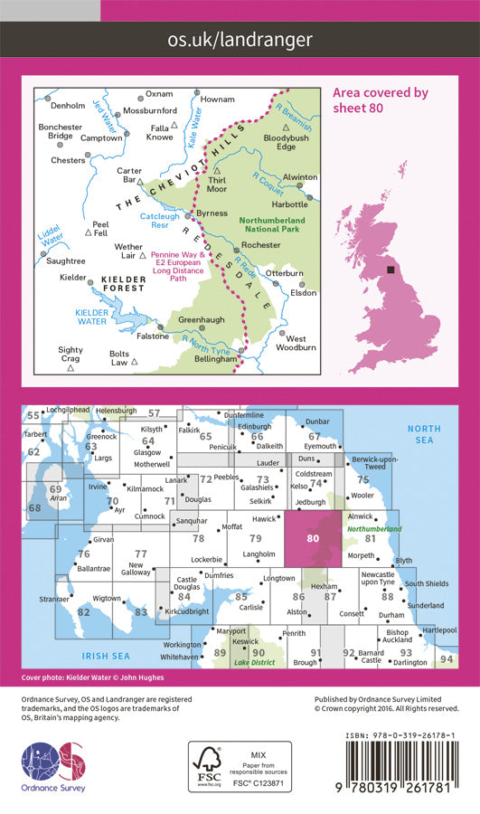 Carte topographique n° 080 - Cheviot Hills & Kielder Water (Grande Bretagne) | Ordnance Survey - Landranger carte pliée Ordnance Survey Papier 