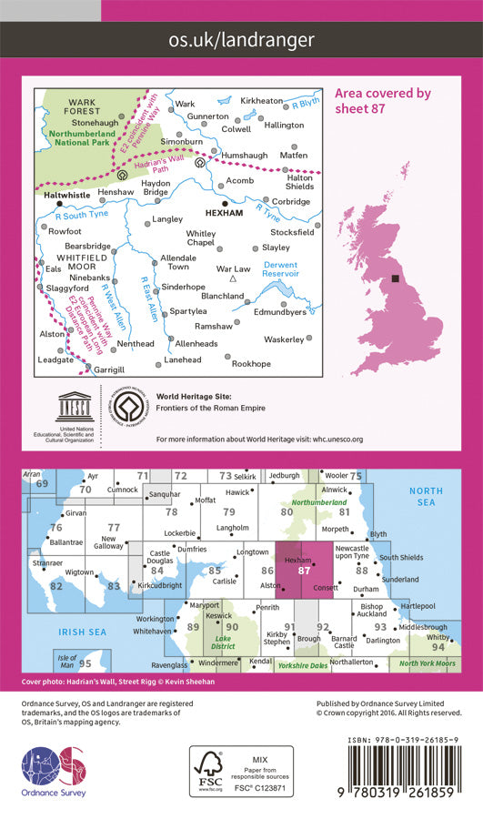Carte topographique n° 087 - Hexham, Haltwhistle landr 87 (Grande Bretagne) | Ordnance Survey - Landranger carte pliée Ordnance Survey Papier 