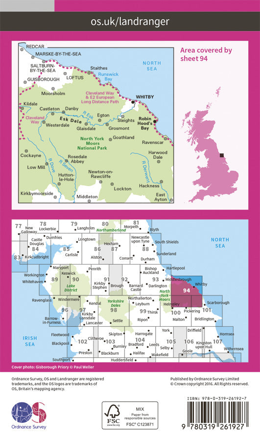 Carte topographique n° 094 - Whitby, Esk Dale (Grande Bretagne) | Ordnance Survey - Landranger carte pliée Ordnance Survey Papier 