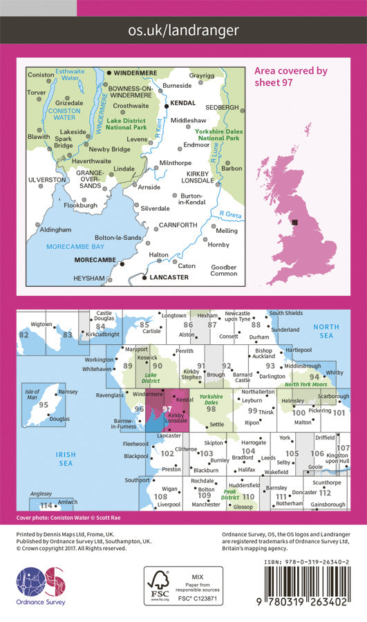 Carte topographique n° 097 - Kendal, Morecambe (Grande Bretagne) | Ordnance Survey - Landranger carte pliée Ordnance Survey Papier 