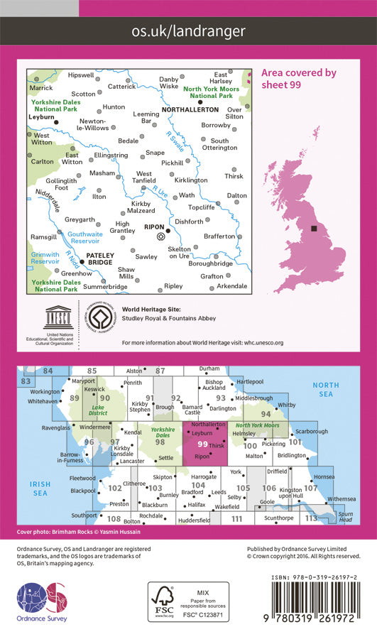 Carte topographique n° 099 - Northallerton, Ripon (Grande Bretagne) | Ordnance Survey - Landranger carte pliée Ordnance Survey Papier 