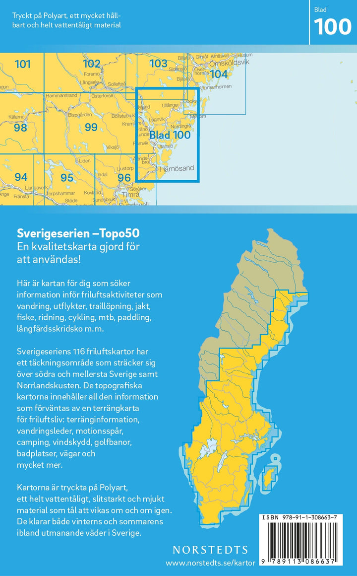 Carte topographique n° 100 - Härnösand (Suède) | Norstedts - Sverigeserien carte pliée Norstedts 