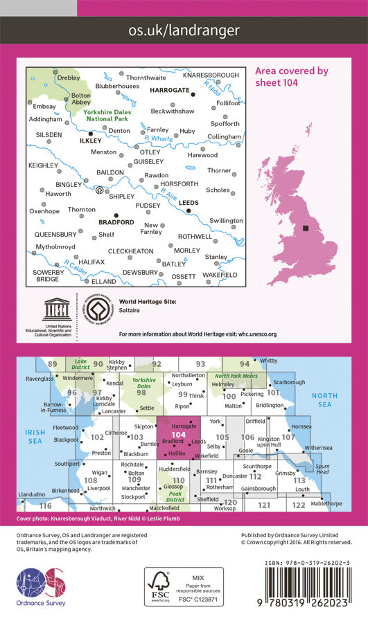 Carte topographique n° 104 - Leeds, Bradford, Harrogate, Ilkley (Grande Bretagne) | Ordnance Survey - Landranger carte pliée Ordnance Survey Papier 
